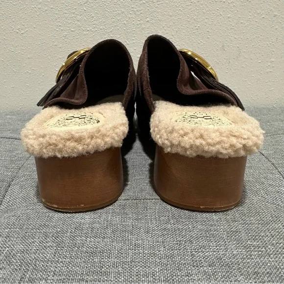 Vince Camuto Canzenee Chocolate Suede Mules with Gold Buckle - Picture 6 of 10